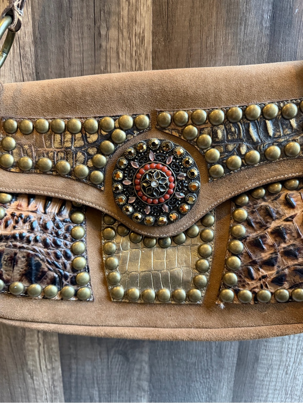 Leather Rock USA Hand made Studded Brown Suede Shoulder Bag with Embossed Panels - Picture 2 of 7